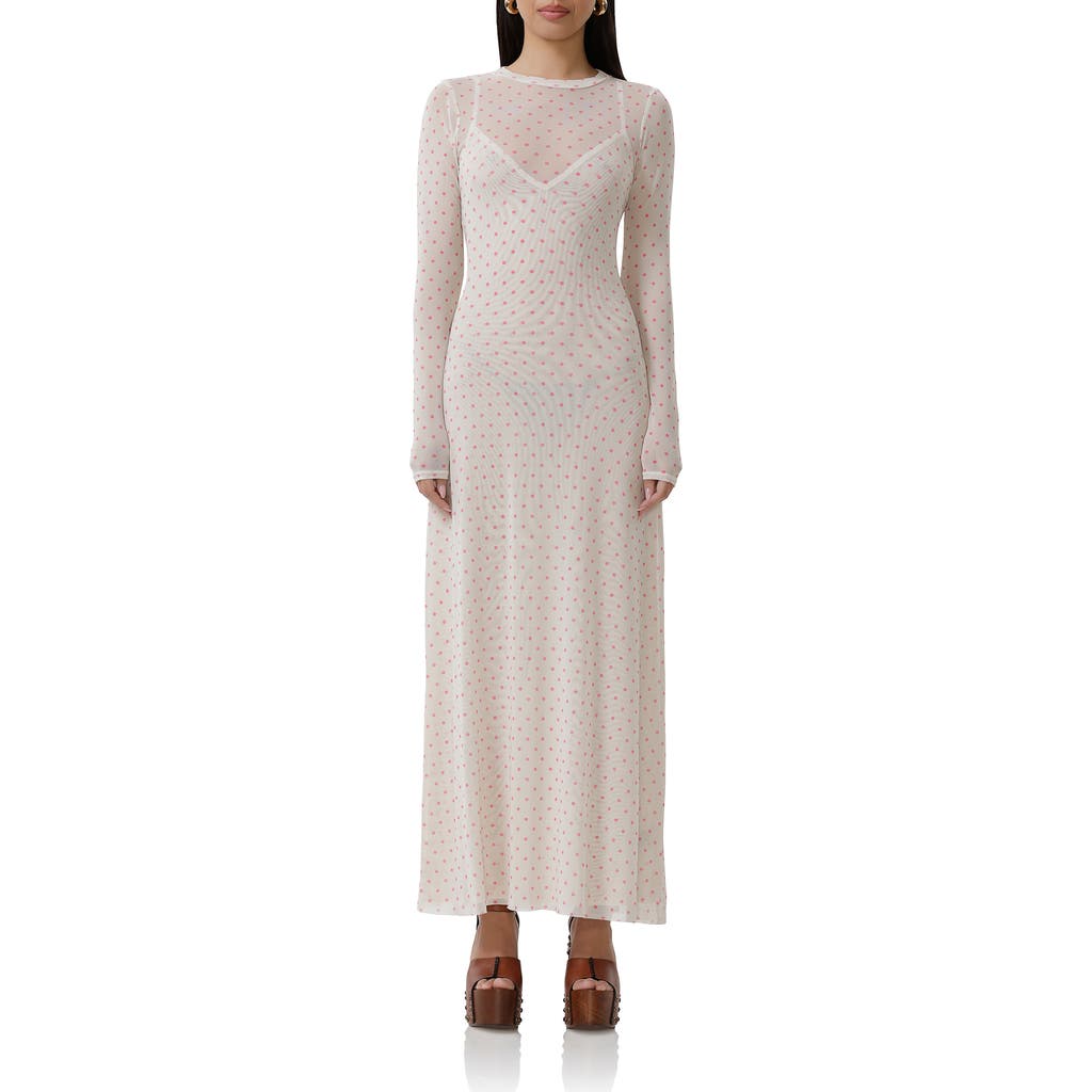 Shop Afrm Paola Polka Dot Long Sleeve Mesh Dress In Coral Micro Dot