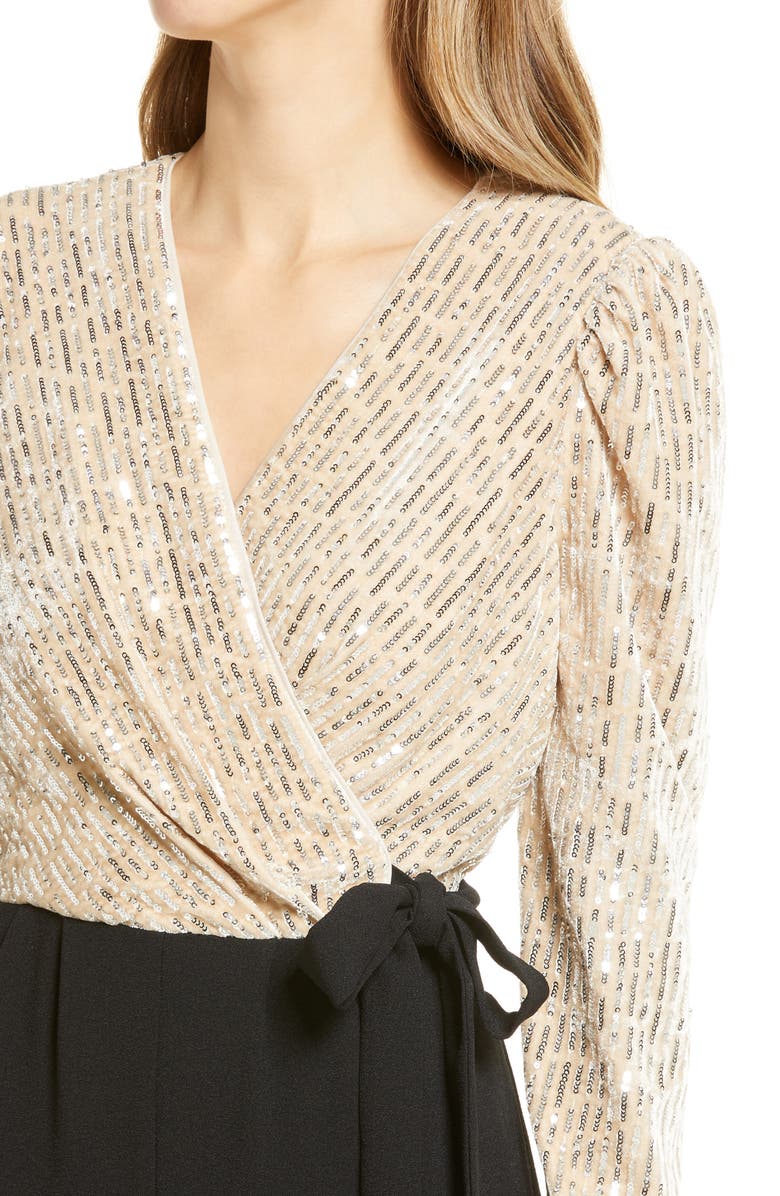 Julia Jordan Sequin Bodice Puff Three Quarter Sleeve Wrap Jumpsuit, Alternate, color, Ivory/Black