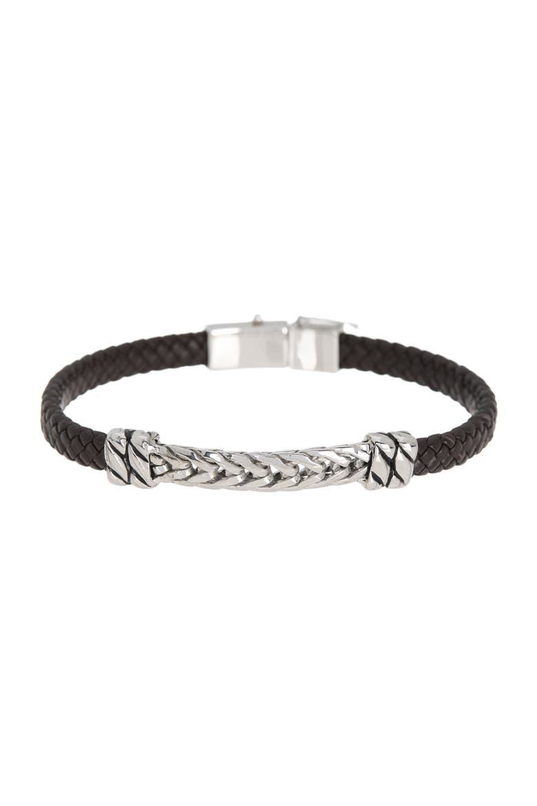 Sterling Silver & Leather Chain Station Bracelet, Main, color, BLACK
