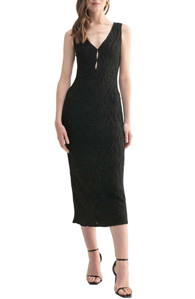 Lush Keyhole Neckline Texture Midi Dress, Main, color, Black