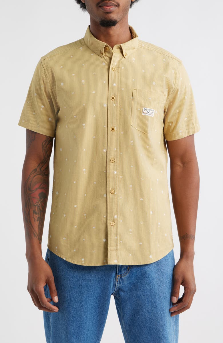 RVCA Exotica Stripe Embroidered Short Sleeve Cotton Button-Down Shirt, Main, color, Ochre