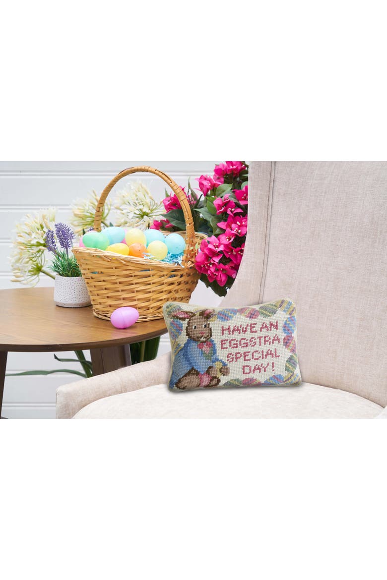 "Have An Eggstra Special Day" Easter Bunny Vintage Needlepoint Mini Accent Pillow 6.5" x 9", Alternate, color, Pink