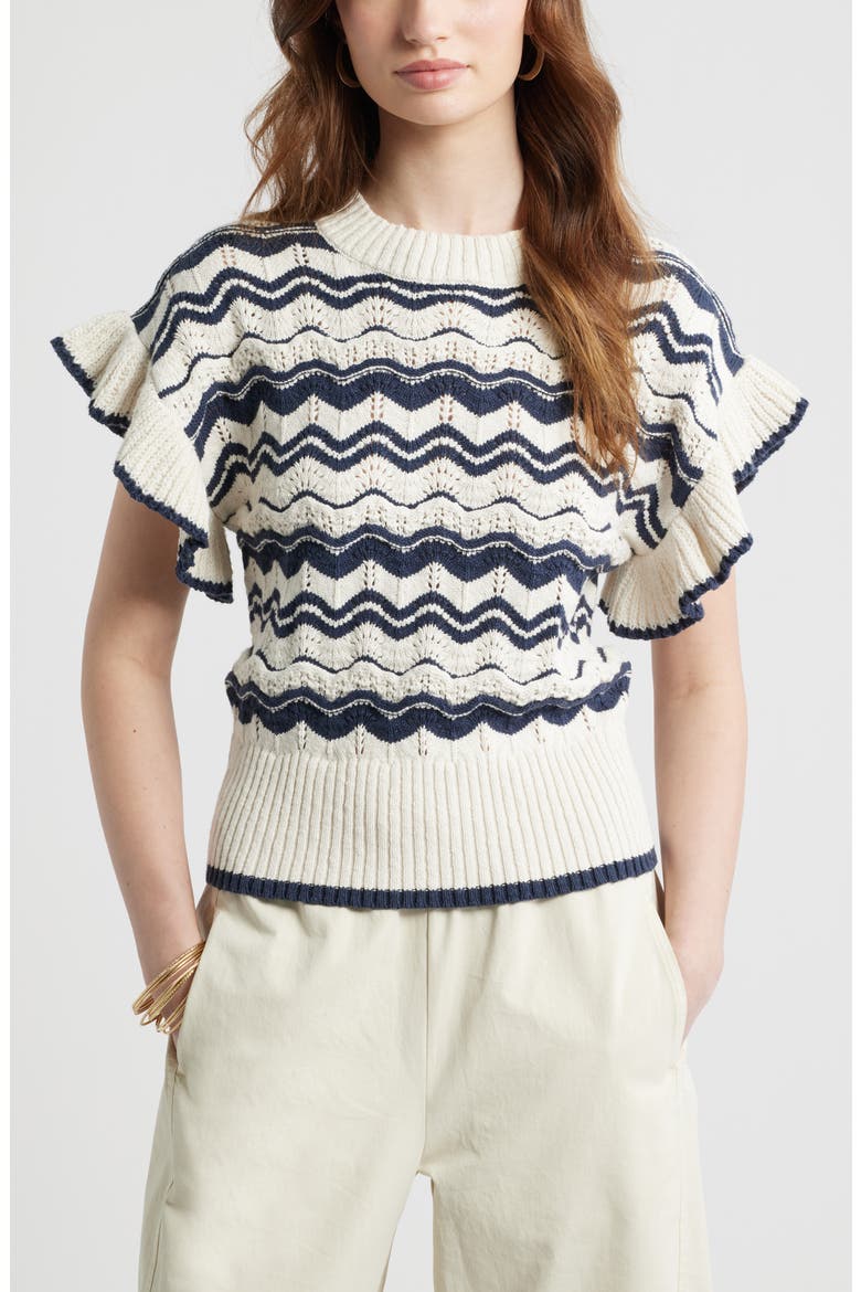Flutter Sleeve Cotton Pointelle & Rib Sweater, Main, color, NAVY- IVORY WAVE STRIPE