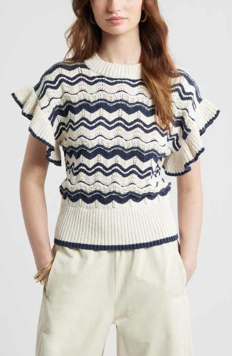 Flutter Sleeve Cotton Pointelle & Rib Sweater