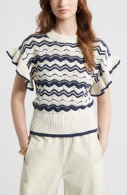 Treasure & Bond Flutter Sleeve Cotton Pointelle & Rib Sweater