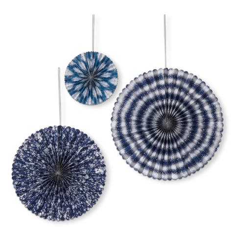 Set of 3 Festive Blue Paper Fans for Summer Decor