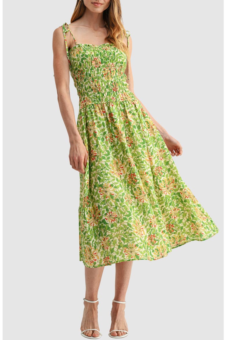 Tie Shoulder Smocked Midi Dress, Alternate, color, GREEN FLORAL