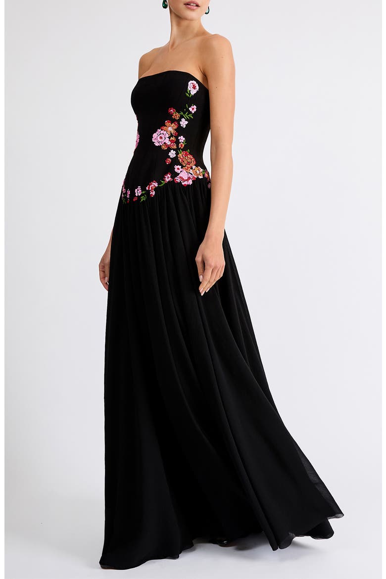 Caroline Floral Appliqué Strapless Maxi Dress, Alternate, color, BLACK