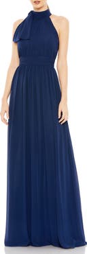 Ieena for Mac Duggal A Line Chiffon Halter Neck Evening Gown