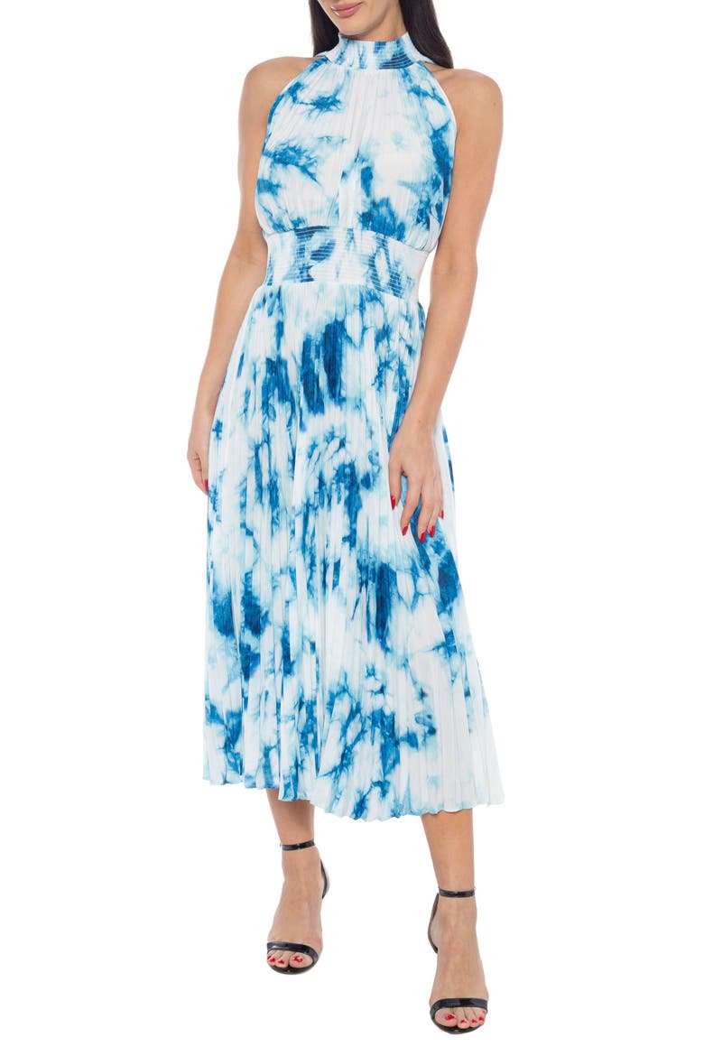 Tie Dye Pleated Midi Dress, Main, color, BLUE/ IVY