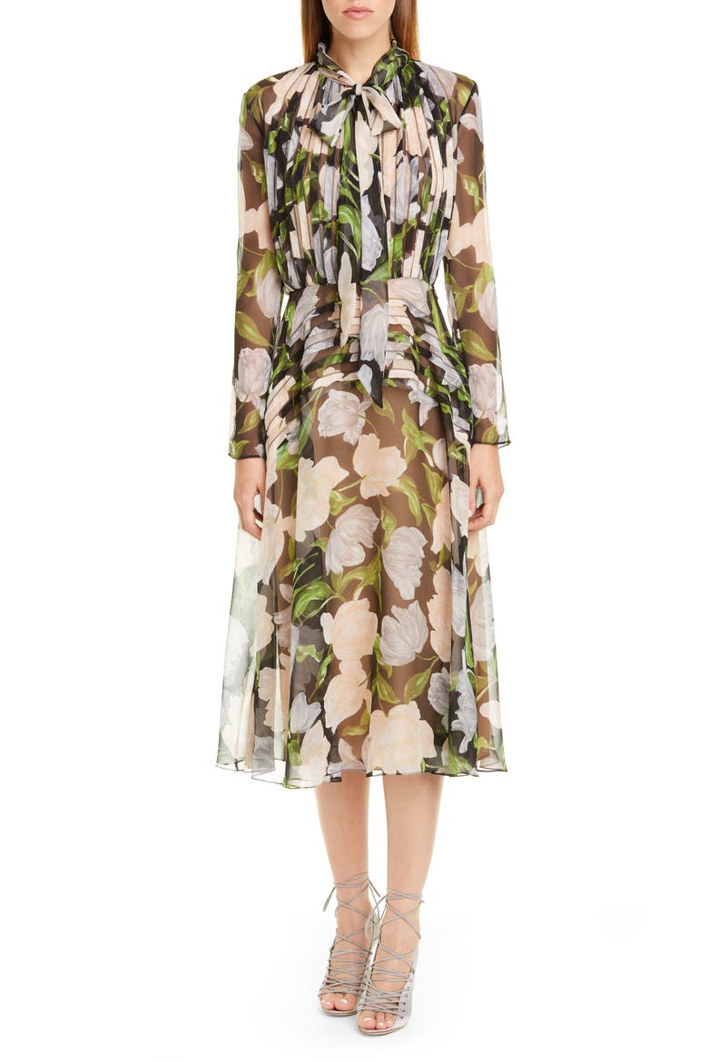 Floral Silk Long Sleeve Midi Dress, Main, color, BLACK/ NUDE