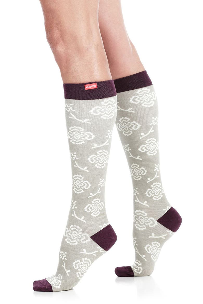 Queen's Floral Compression Trouser Socks, Main, color, GREY/ BURGUNDY
