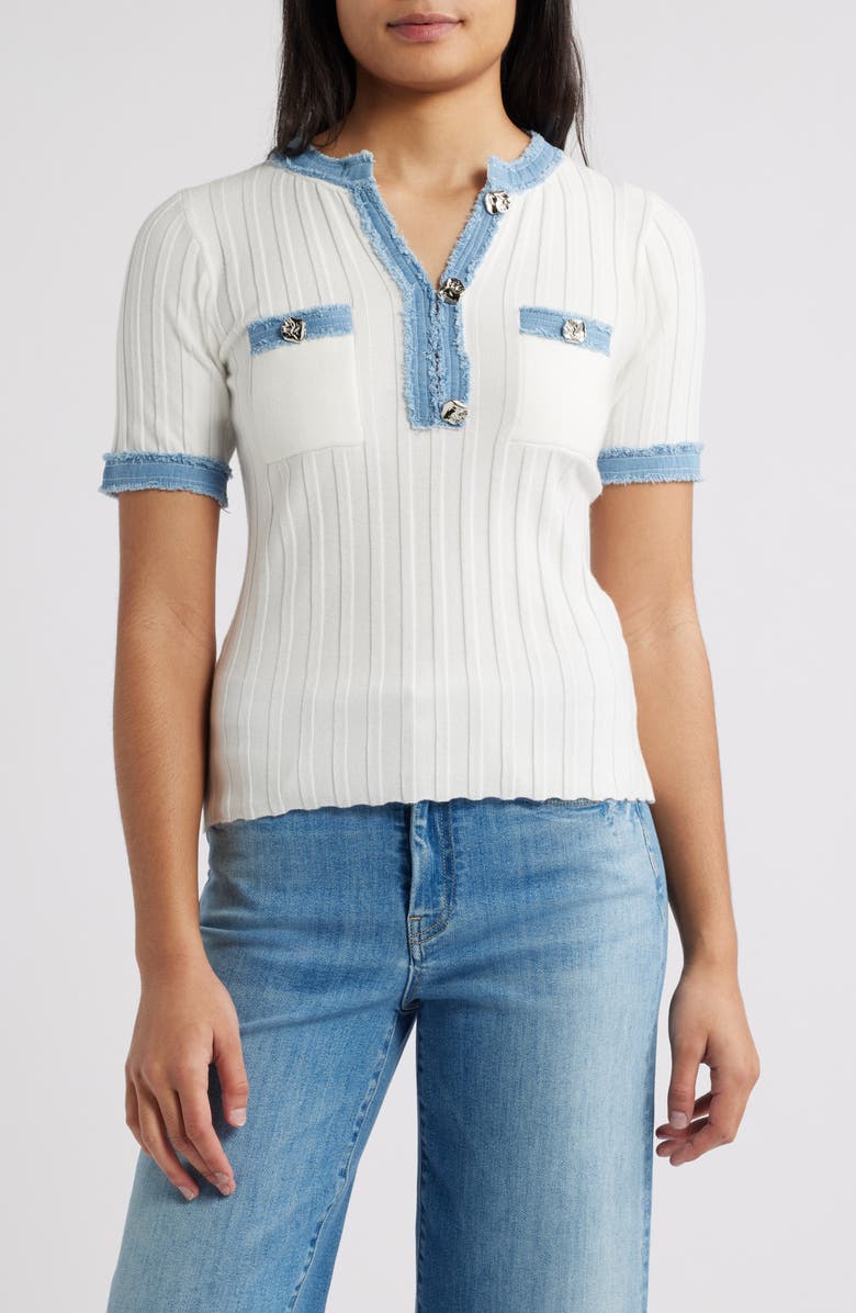ZOE AND CLAIRE Denim Trim Short Sleeve Sweater, Main, color, Ivory