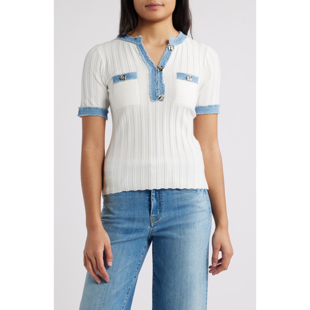Zoe And Claire Denim Trim Short Sleeve Sweater In Ivory