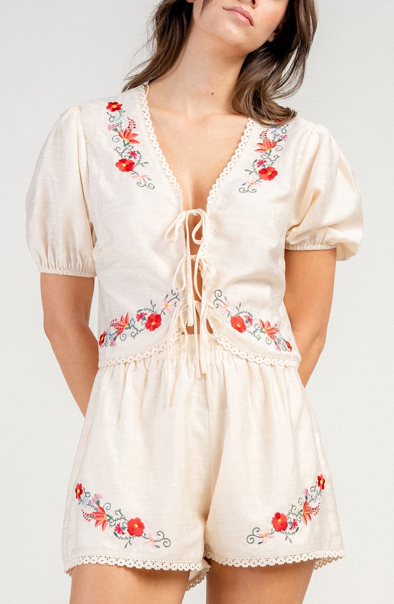 Beivy Gauze Embroidered Lace Up Top & Shorts Set, Alternate, color, Natural