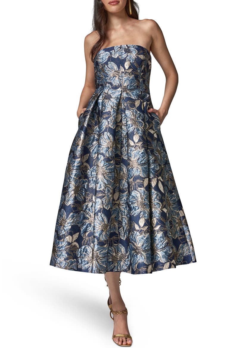 Strapless Jacquard Midi Dress, Alternate, color, NIGHTFALL