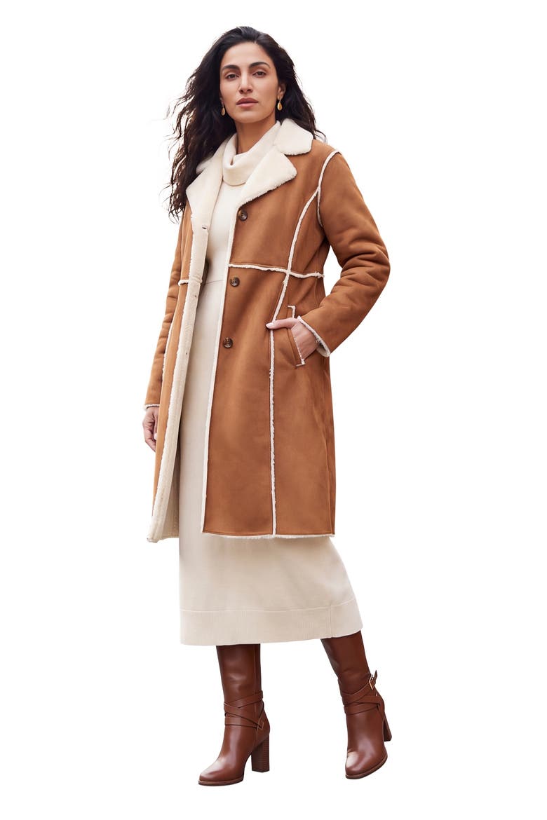 Faux Shearling Midi Coat, Main, color, COGNAC
