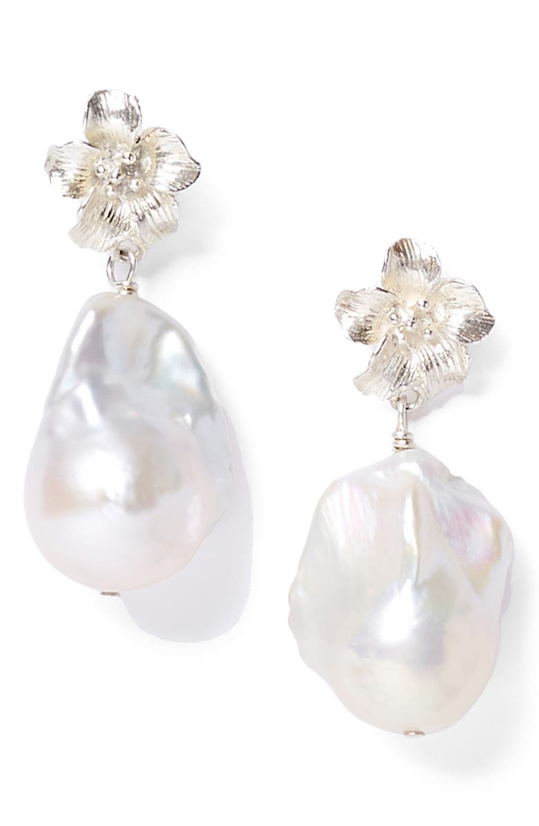 Chan Luu Hibiscus Freshwater Pearl Drop Earrings, Main, color, White Pearl