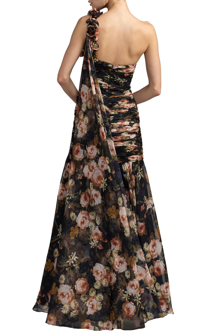 Floral One-Shoulder Ruched Chiffon Gown, Alternate, color, Black Multi