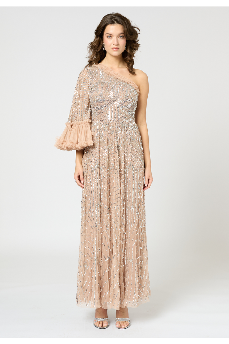 One Shoulder Embellished Sequin Beaded Maxi Dress, Main, color, TAUPE BLUSH