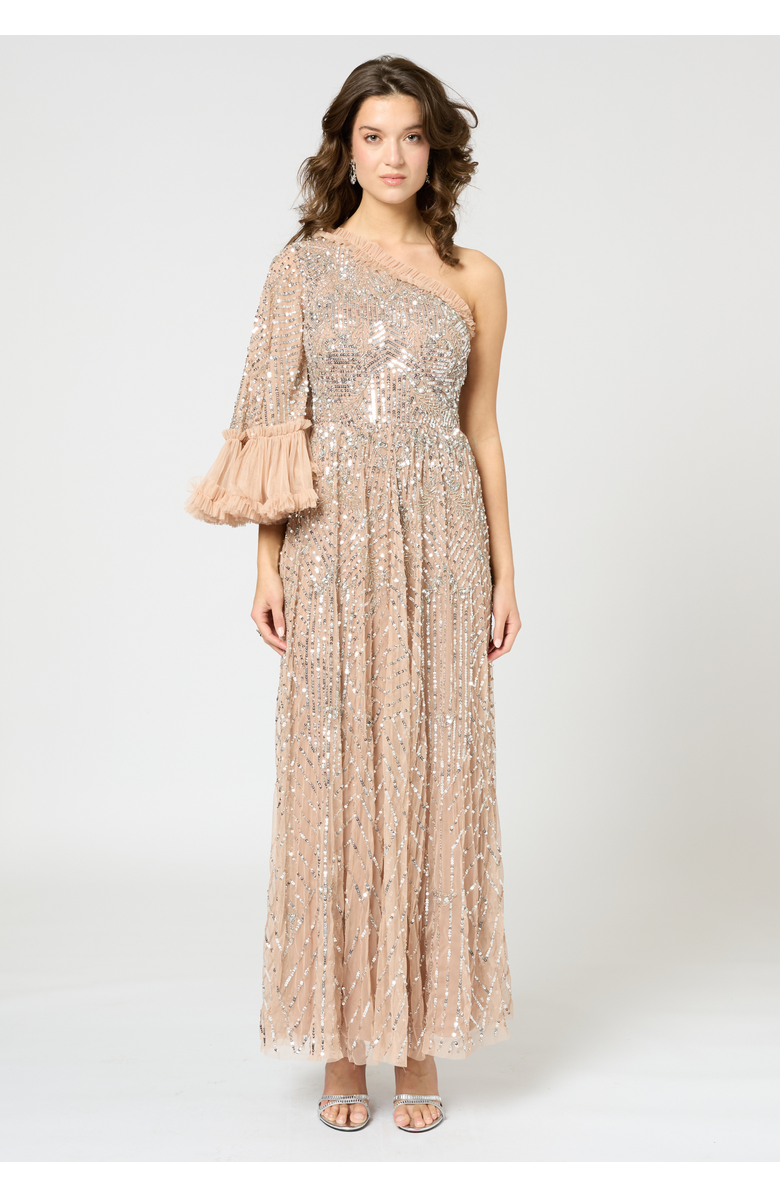 BEAUUT One Shoulder Embellished Sequin Beaded Maxi Dress, Main, color, Taupe Blush