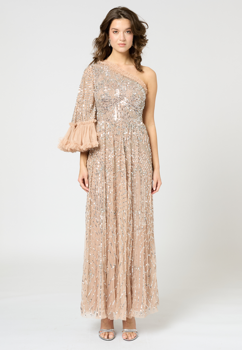 One Shoulder Embellished Sequin Beaded Maxi Dress