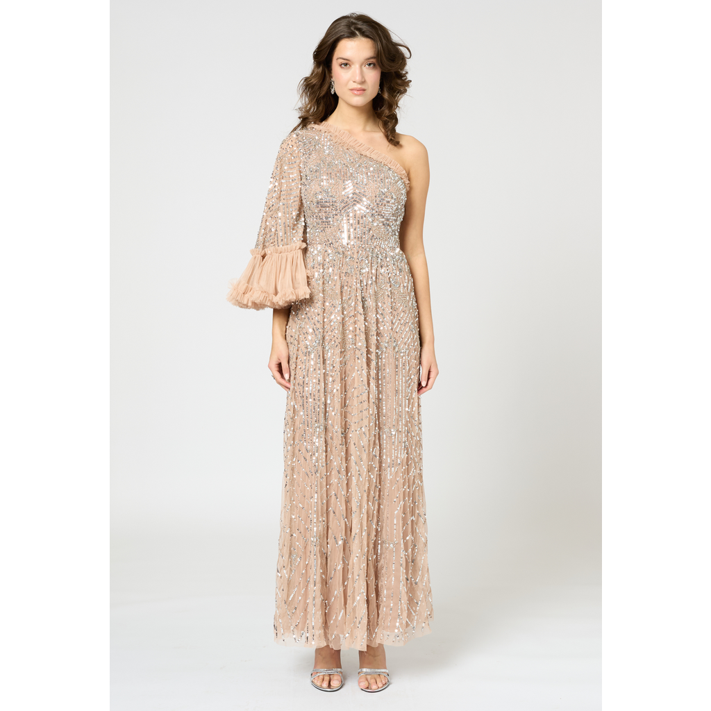 Beauut One Shoulder Embellished Sequin Beaded Maxi Dress In Neutral