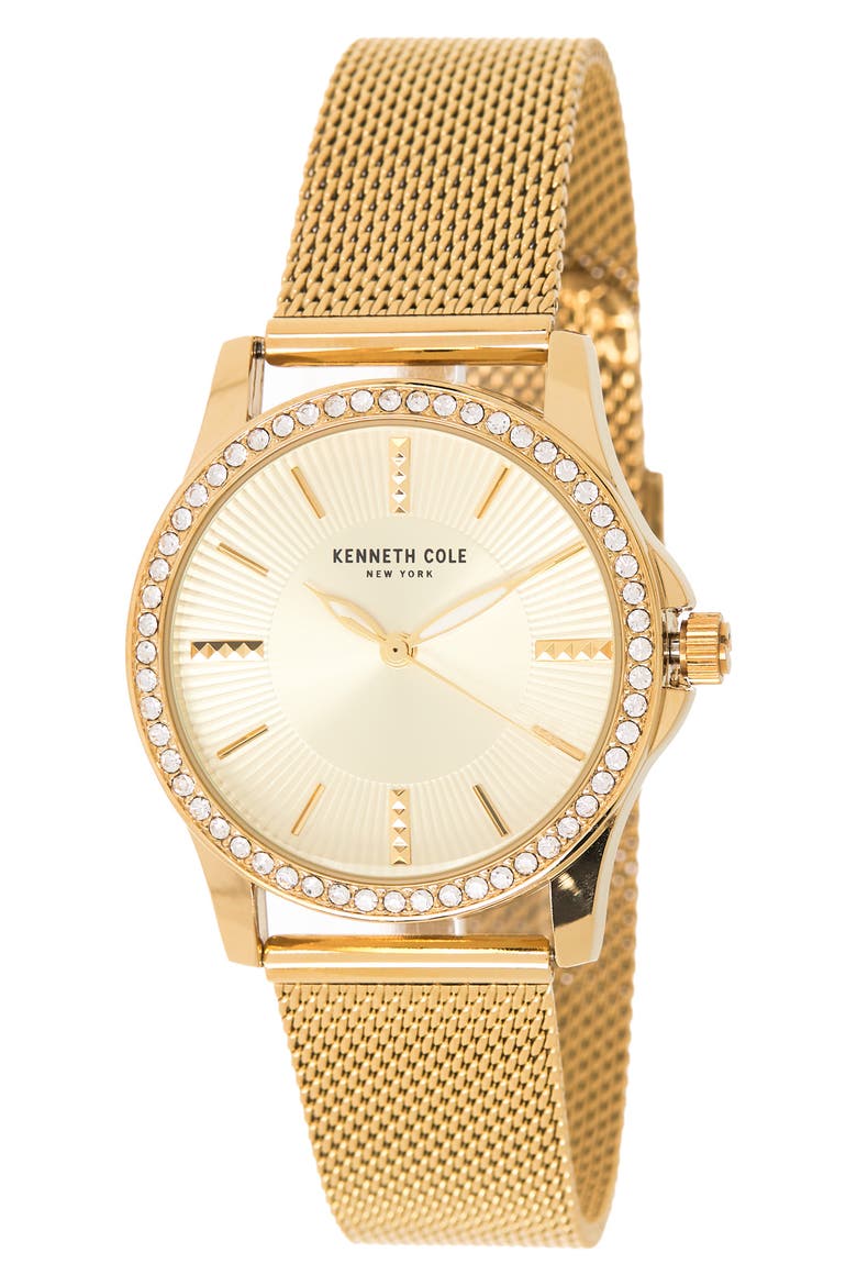 Women's Crystal Encrusted 3-Hand Quartz Mesh Strap Watch, 33.5mm, Main, color, GOLD