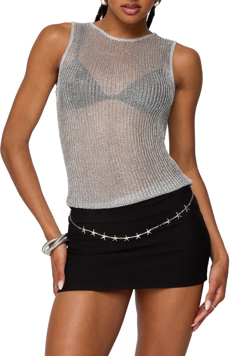 EDIKTED Amalya Shiny Open Stitch Mesh Tank, Main, color, Silver