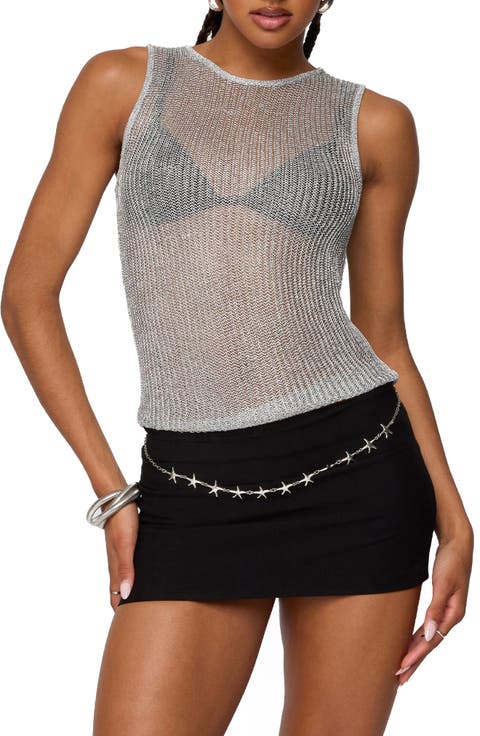 Amalya Shiny Open Stitch Mesh Tank