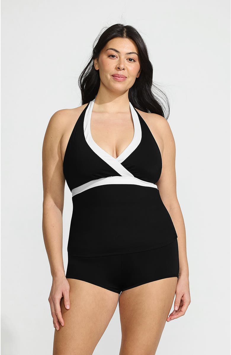 Lands' End Plus Size V-Neck Halter Tankini Top, Main, color, Black/White