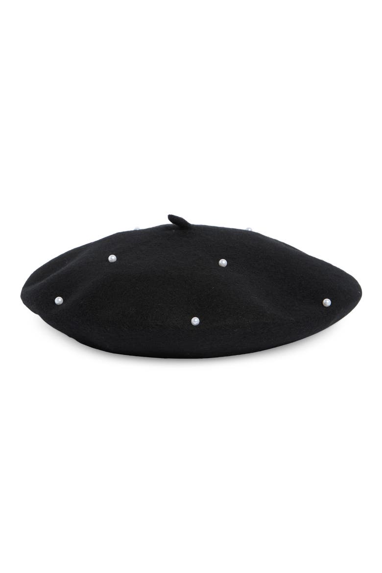 Imitation Pearl Wool Blend Beret, Main, color, BLACK