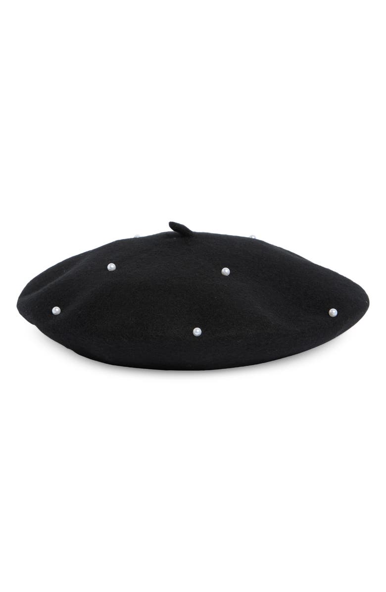 Tasha Imitation Pearl Wool Blend Beret, Main, color, Black