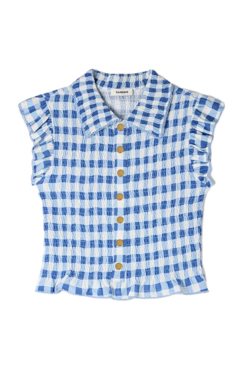 SANDRO Check smocked T-shirt, Alternate, color, Blu / White