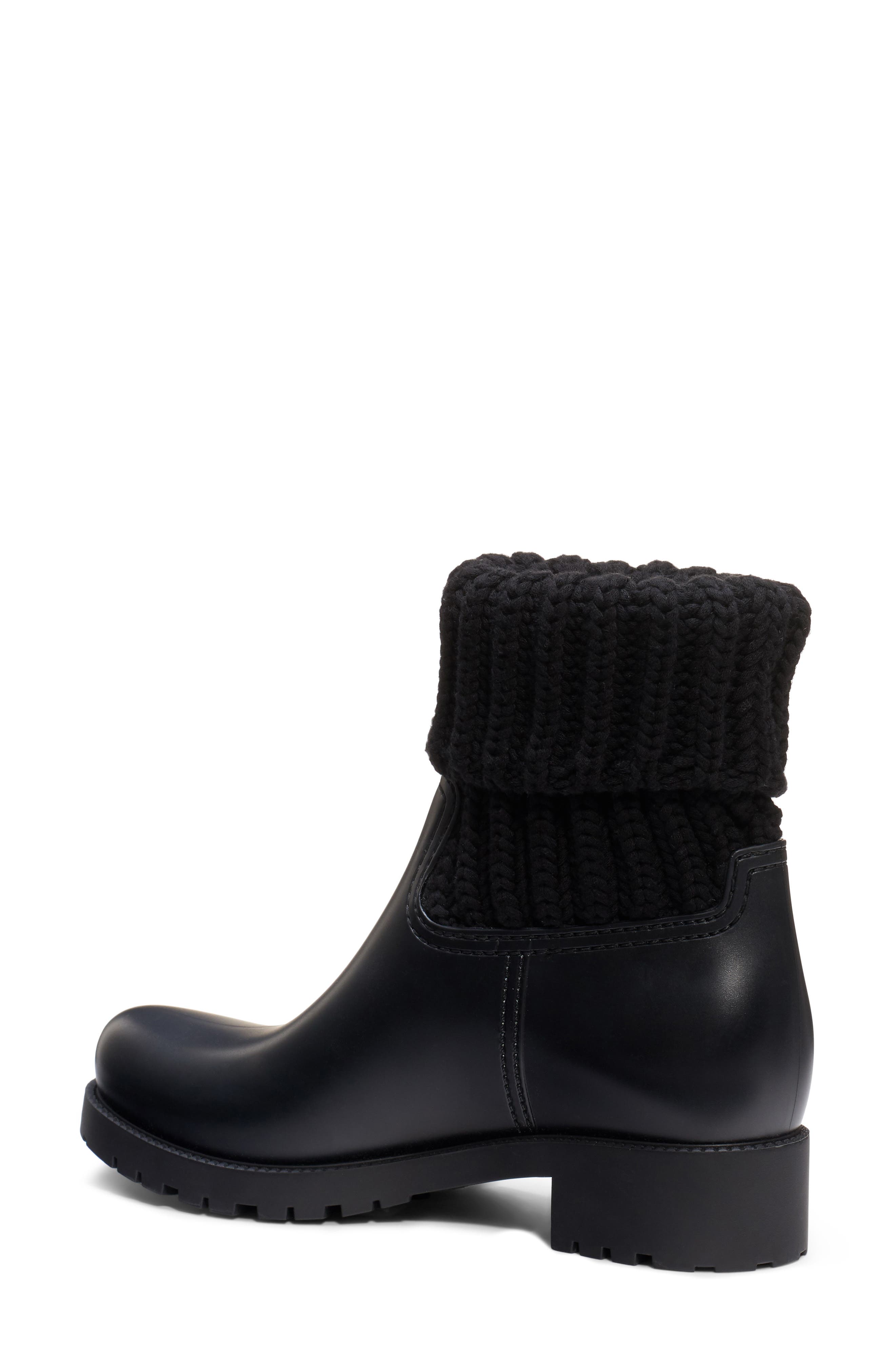 Ginette Knit Cuff Leather Rain Boot, Alternate, color, BLACK