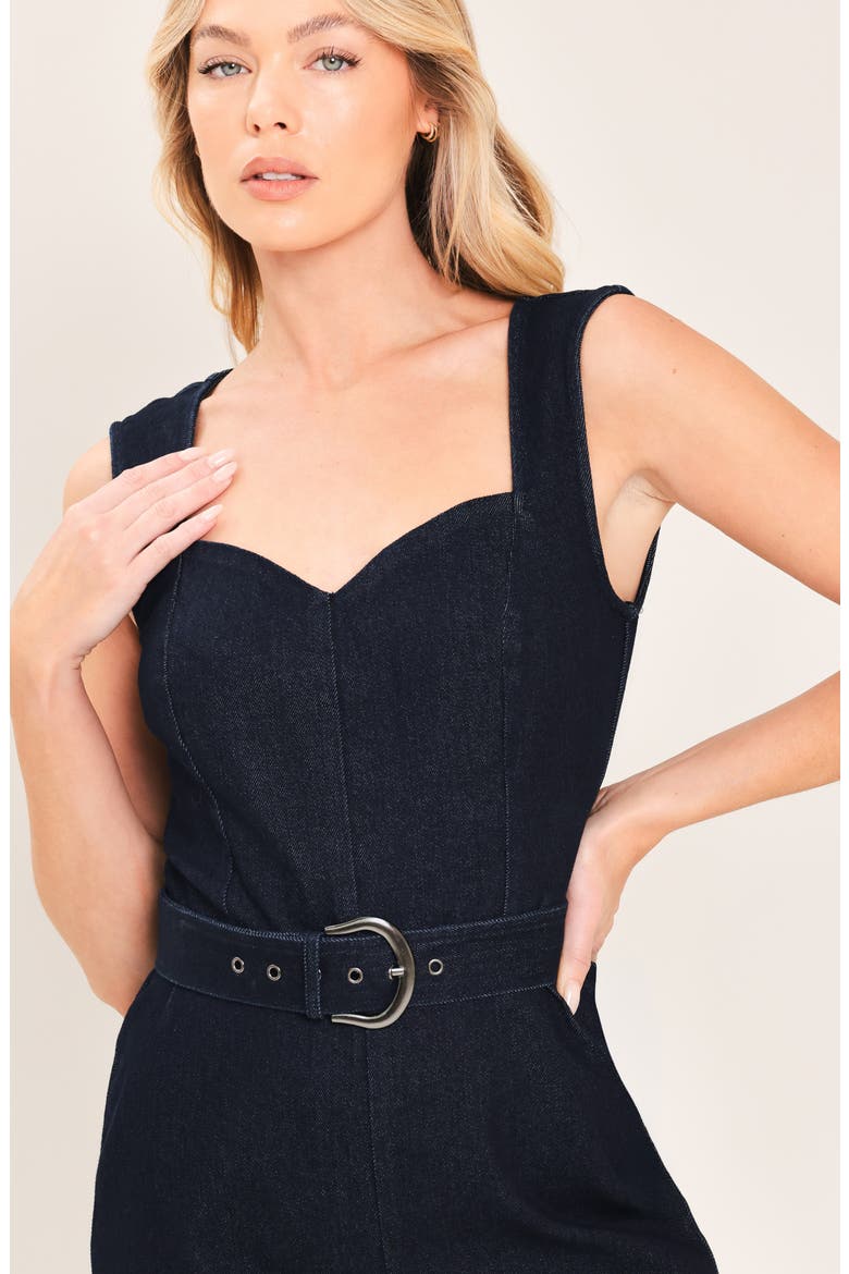 Sweetheart Neck Belted Denim Jumpsuit, Alternate, color, DARK INDIGO