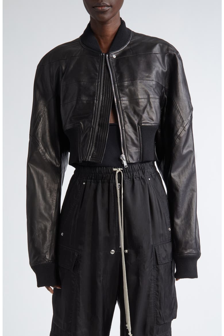 Girdered Leather Crop Bomber Jacket, Main, color, BLACK