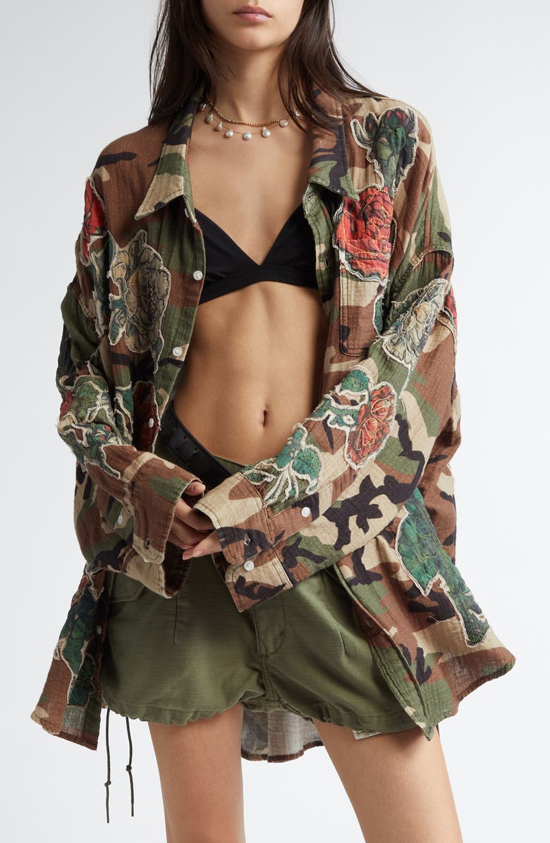 R13 Drop Neck Floral Patch Camouflage Print Button-Up Shirt, Main, color, 