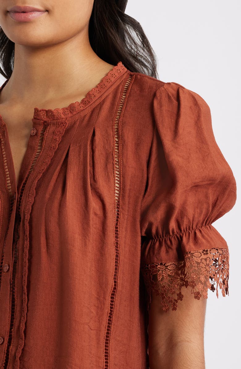 Bobeau Lace Accent Button-Up Top, Alternate, color, Picante