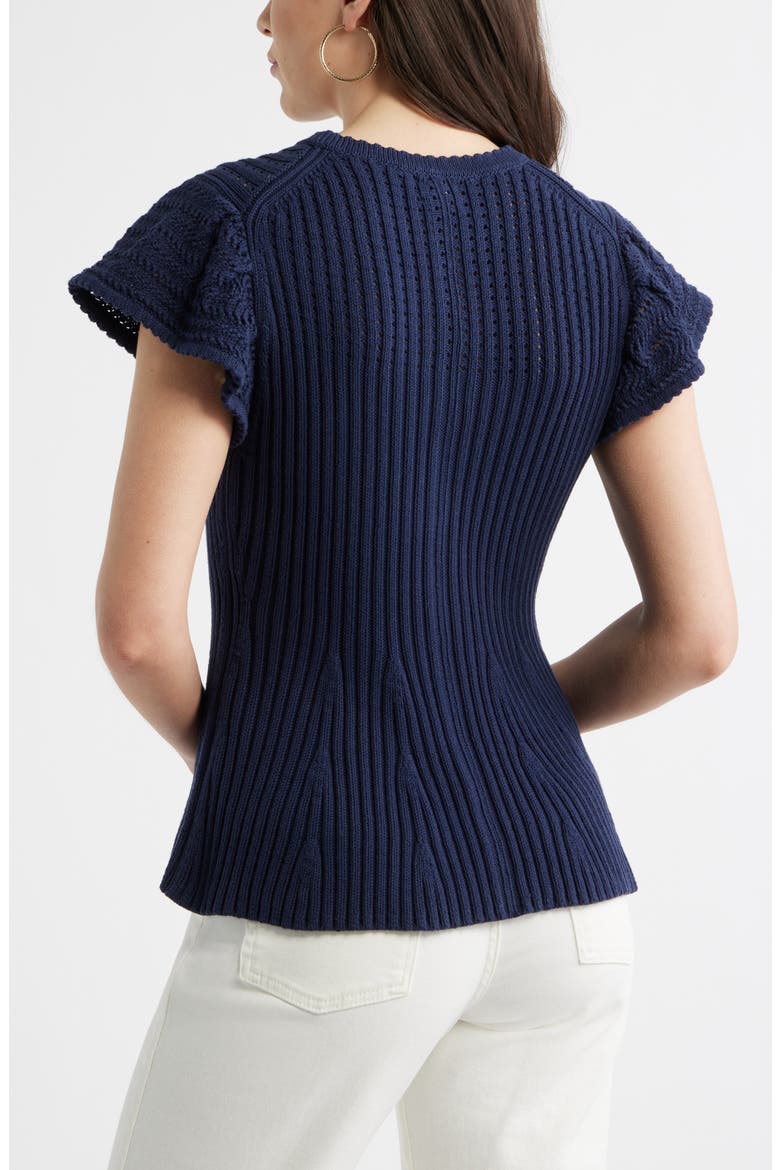 Flutter Sleeve Pima Cotton Sweater, Alternate, color, NAVY STILL