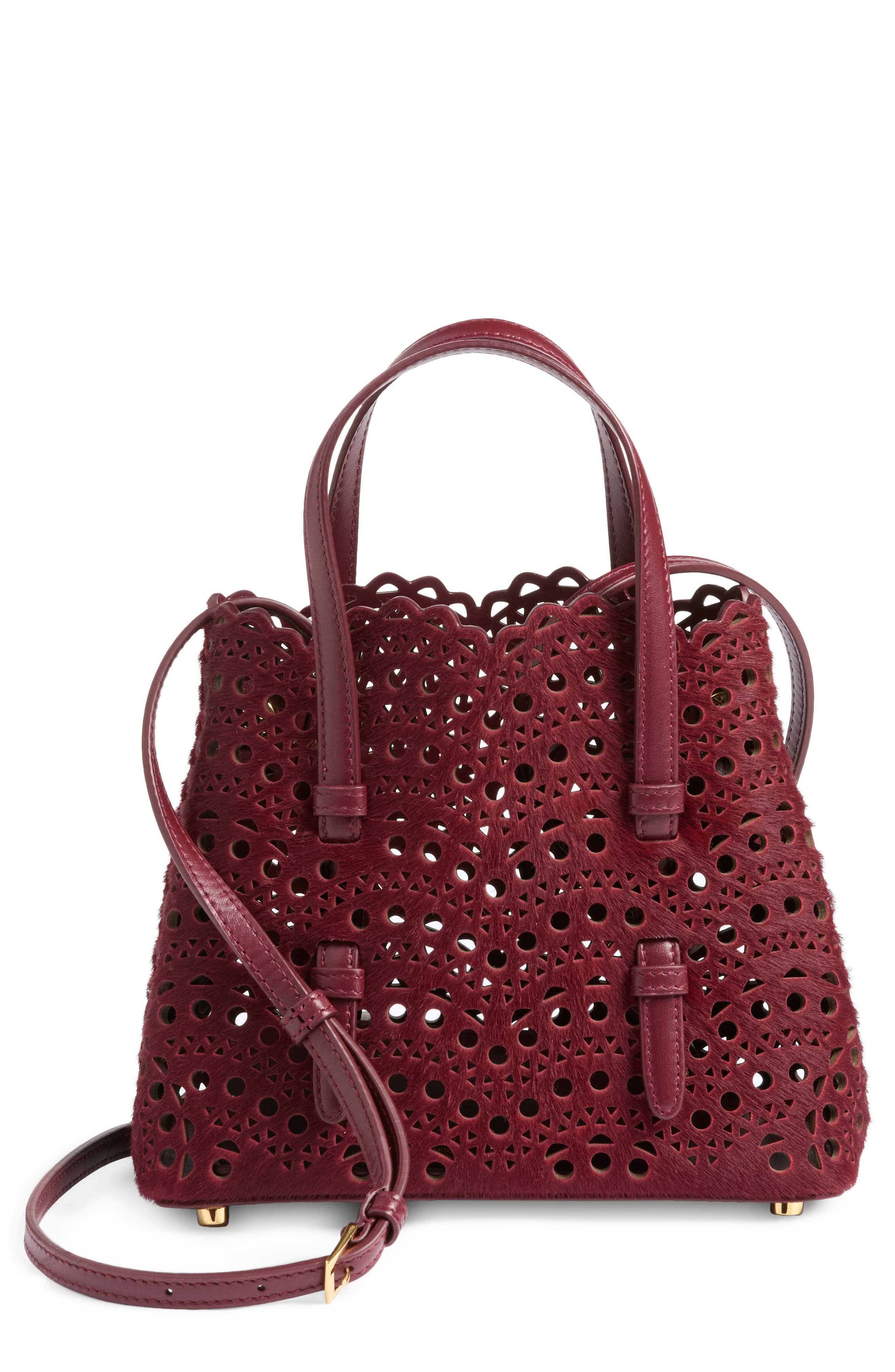 Mina 20 Perforated Genuine Calf Hair Tote, Main, color, CERISE