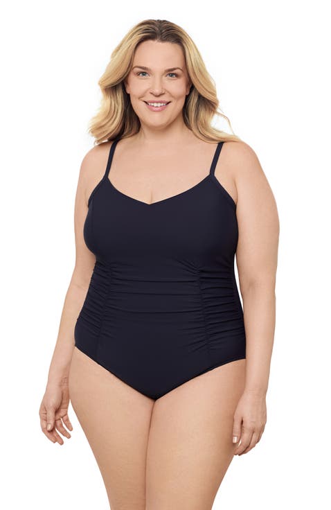 Plus Size Princess Seam V-Neck Side Shirred Adjustable One-Piece Swimsuit