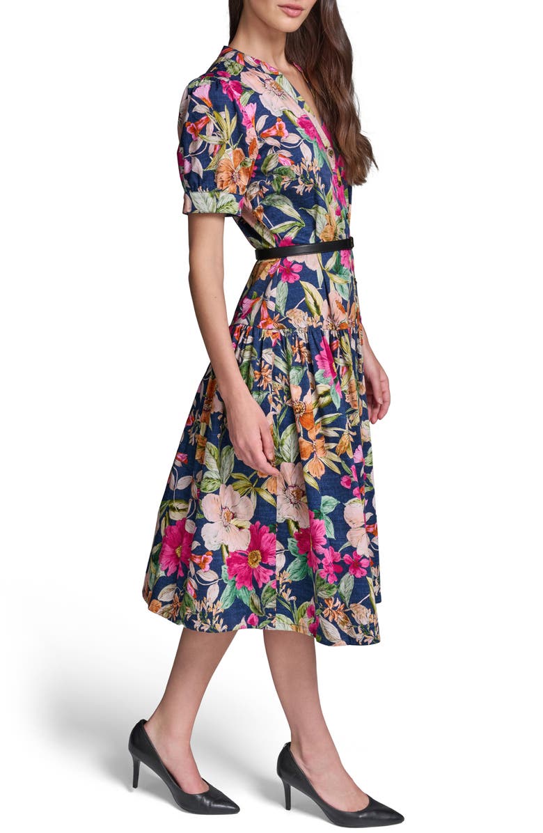 KARL LAGERFELD PARIS Floral Print Belted Tiered Midi Dress, Alternate, color, Currant/ Light Blush Multi