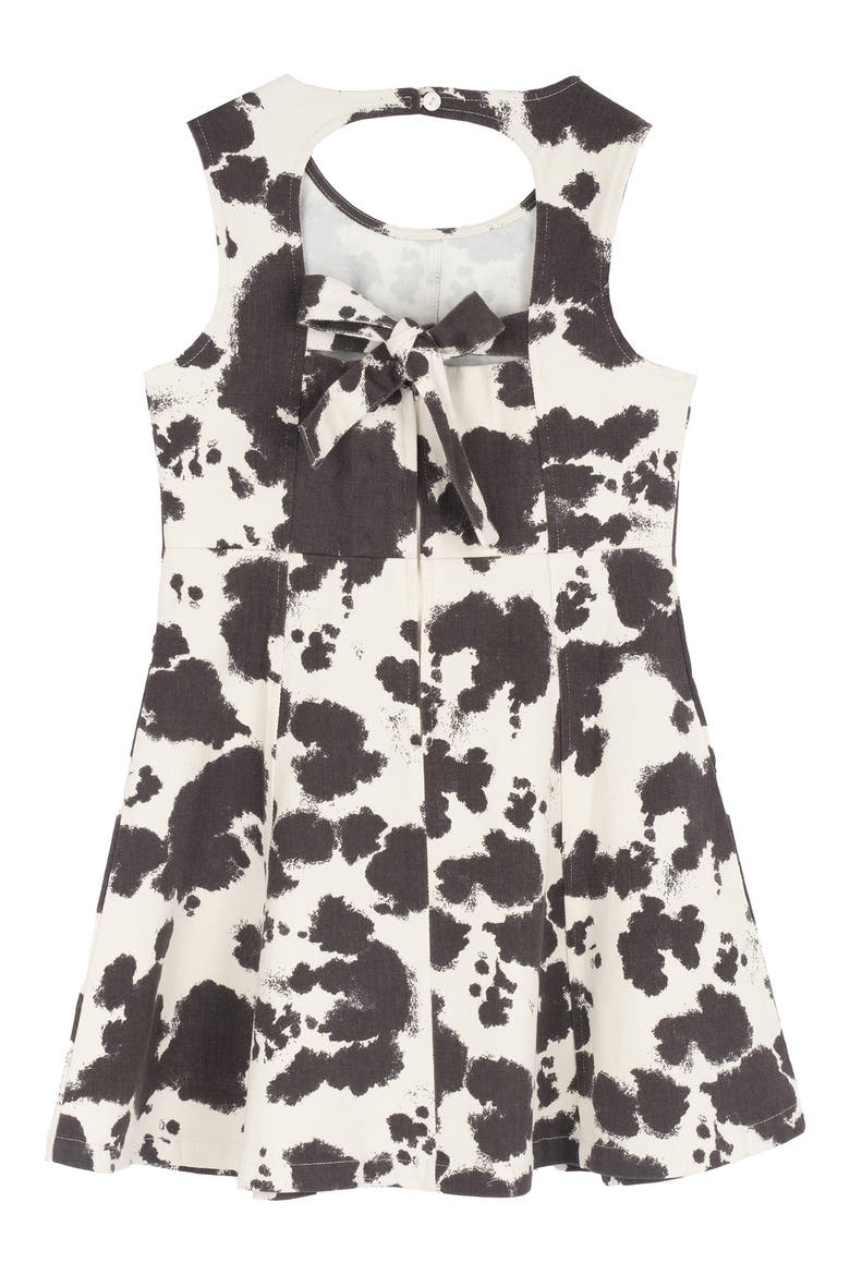 Kids' Cow Print Paneled Twill A-Line Dress & Necklace, Alternate, color, BROWN