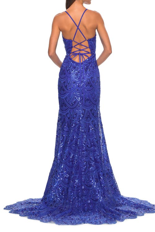 La Femme Print Sequin Mermaid Dress With Lace Up Back