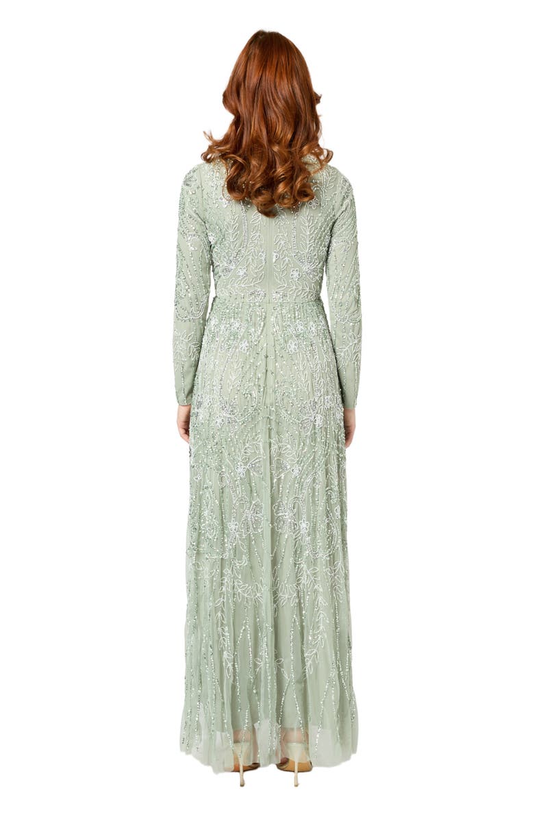 MARYISA Occasion Modest Embellished Sequin Beaded Floral High Neck Evening Gown, Alternate, color, Sage Green