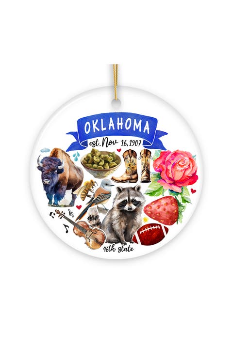 Oklahoma Watercolor Icons Ceramic Christmas Ornament