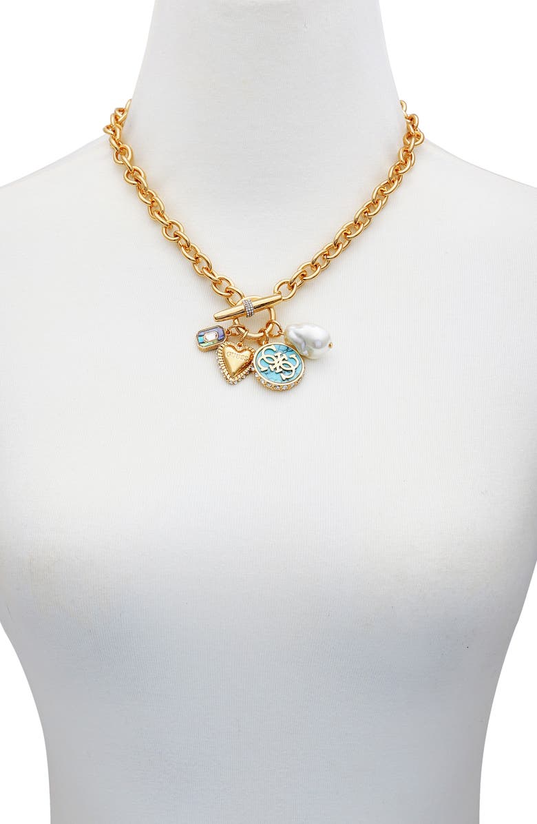 GUESS Logo Charm Necklace, Alternate, color, Gold Tone