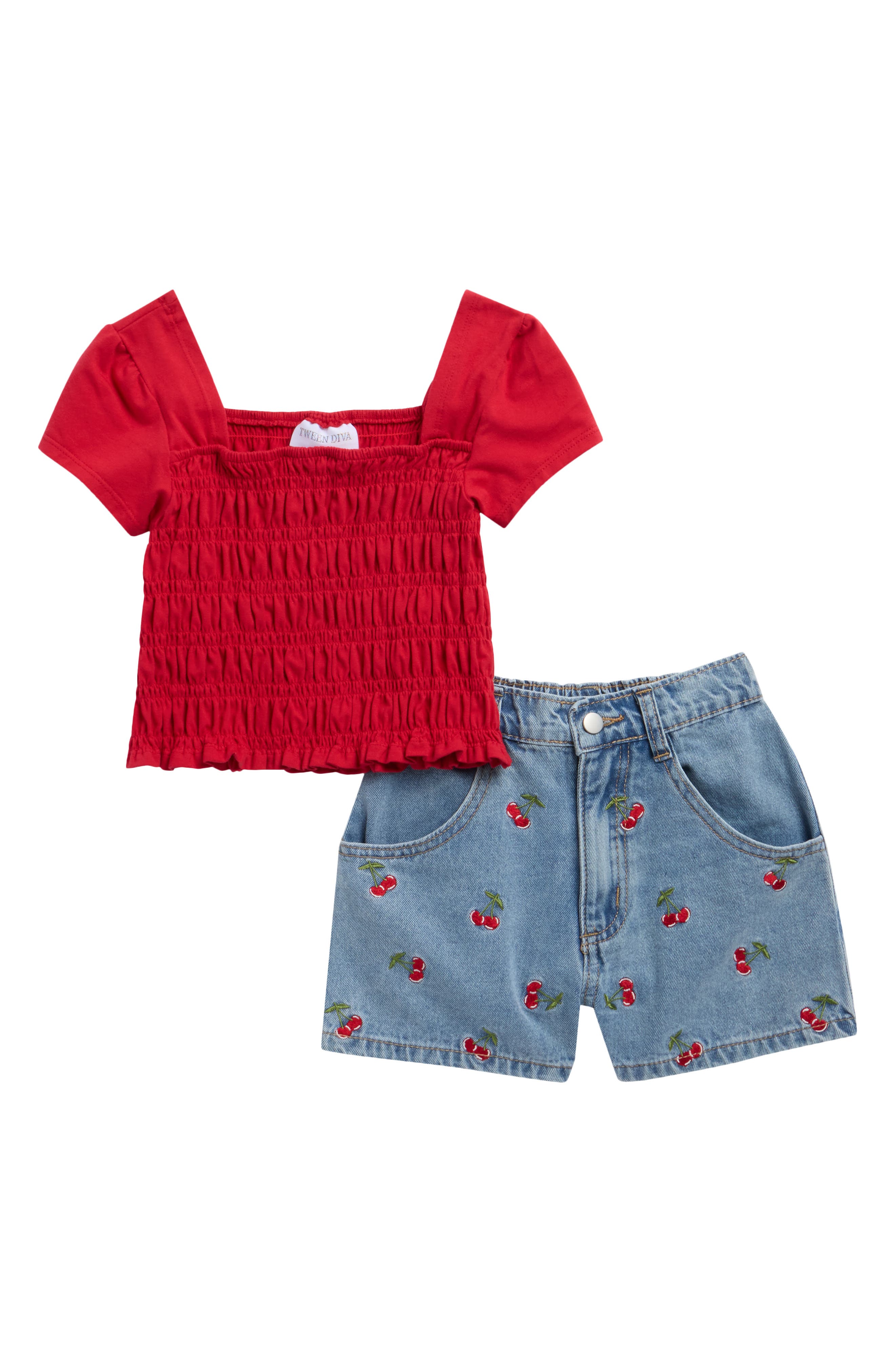 Tween Diva Kids' Smocked Top & Cherry Embroidered Denim Shorts Set In Red