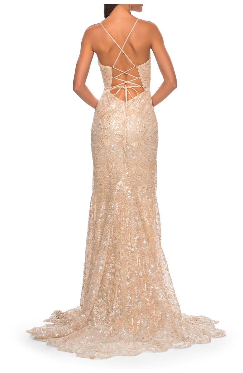 La Femme Print Sequin Mermaid Dress with Lace Up Back, Alternate, color, Nude